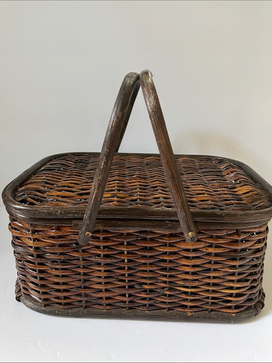 Vintage Other - Vintage Woven Wicker Picnic Basket with Folding Bamboo Handles